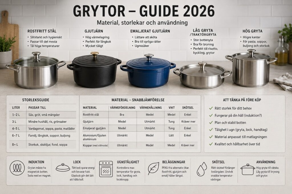 Infografik om grytor 2026 som jämför rostfritt stål, gjutjärn, emaljerat gjutjärn, låg gryta och hög gryta, med storleksguide, materialjämförelse och råd om induktion, lock, ugnstålighet, beläggningar, skötsel och vad man ska tänka på före köp.