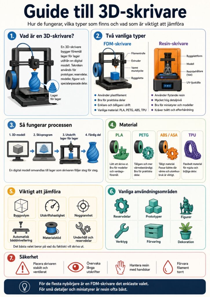 Infografik med rubriken "Guide till 3D-skrivare" som förklarar hur 3D-skrivare bygger föremål lager för lager från en digital modell. Bilden jämför FDM-skrivare och resin-skrivare, visar processen från 3D-modell till färdig del och sammanfattar material som PLA, PETG, ABS, ASA och TPU samt viktiga faktorer som byggvolym, utskriftshastighet, noggrannhet, bäddnivellering, materialstöd, underhåll och säkerhet.
