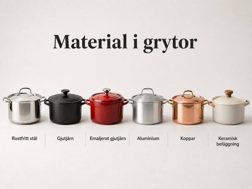 Illustration som visar sex olika grytmaterial i rad mot ljus bakgrund: rostfritt stål, gjutjärn, emaljerat gjutjärn, aluminium, koppar och keramisk beläggning, med rubriken "Material i grytor".