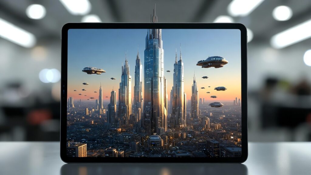 Surfplatta, Ipad, som visar science fiction-stad